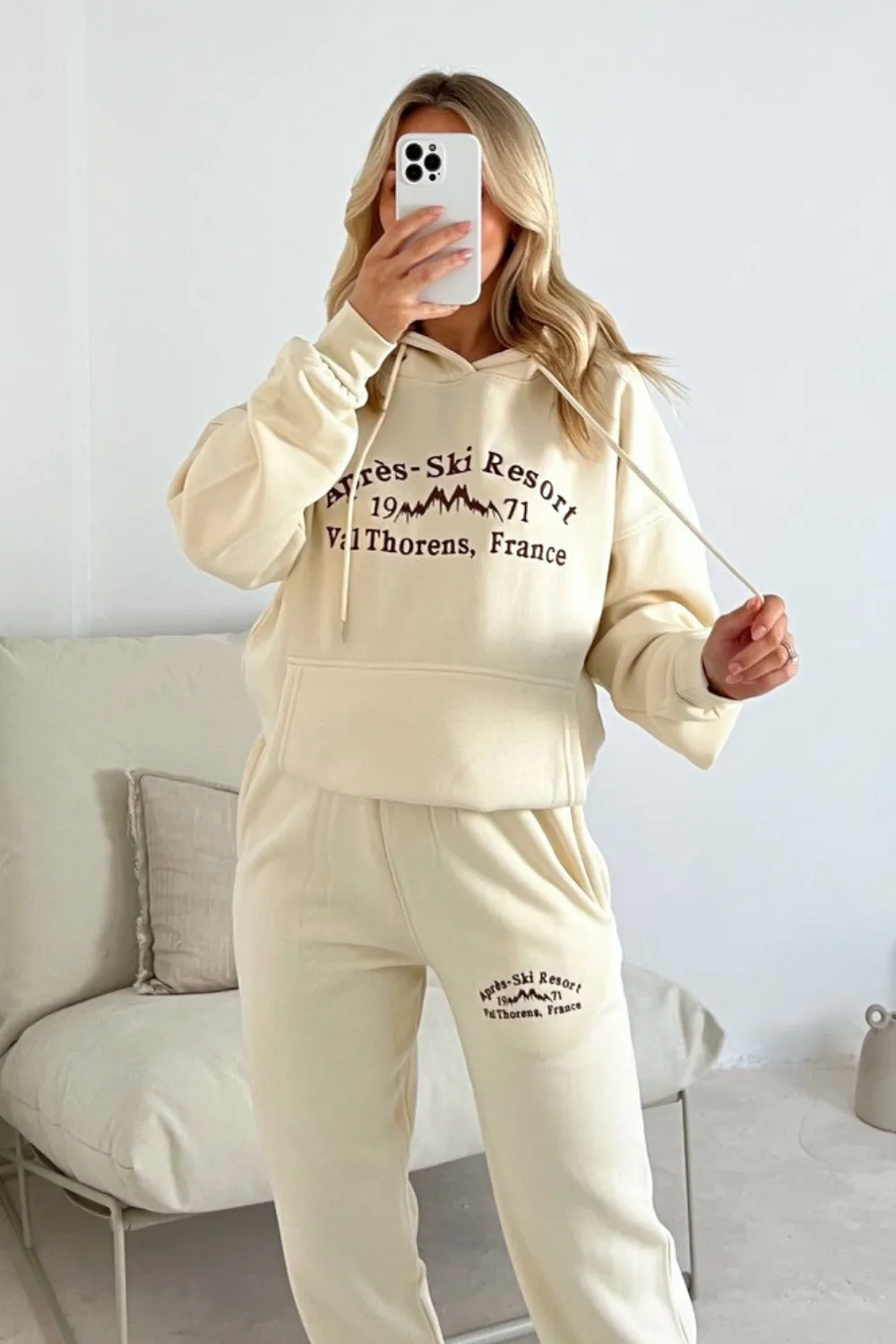 Apres Ski ecru with brown embroidered hoodie joggers loungewear